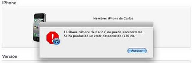 Error 13019 al sincronizar iOS