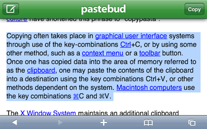 Seleccionando texto con Pastebud en el iPhone