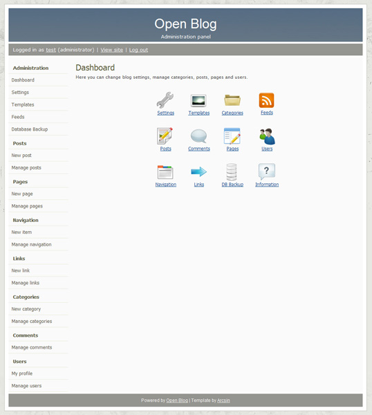 Vista del panel de Administración de Open Blog