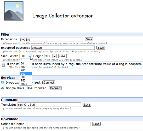 Image Collector Extension Opciones